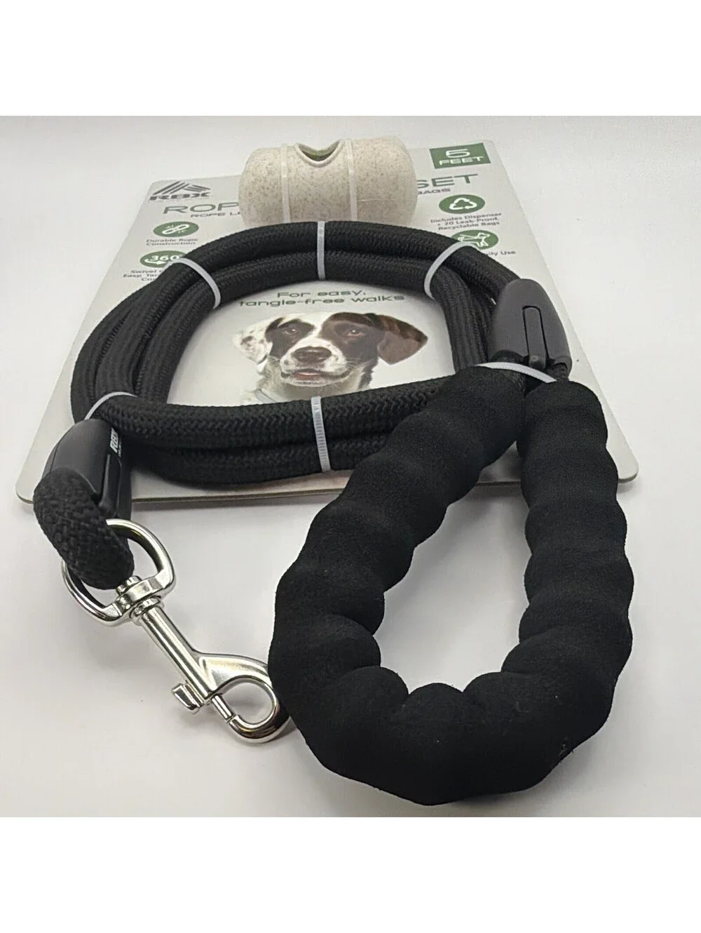 RBX Active 3PC Rope Walk Set 5 ft Rope Dog Leash, Dispenser & Poop Bags Black